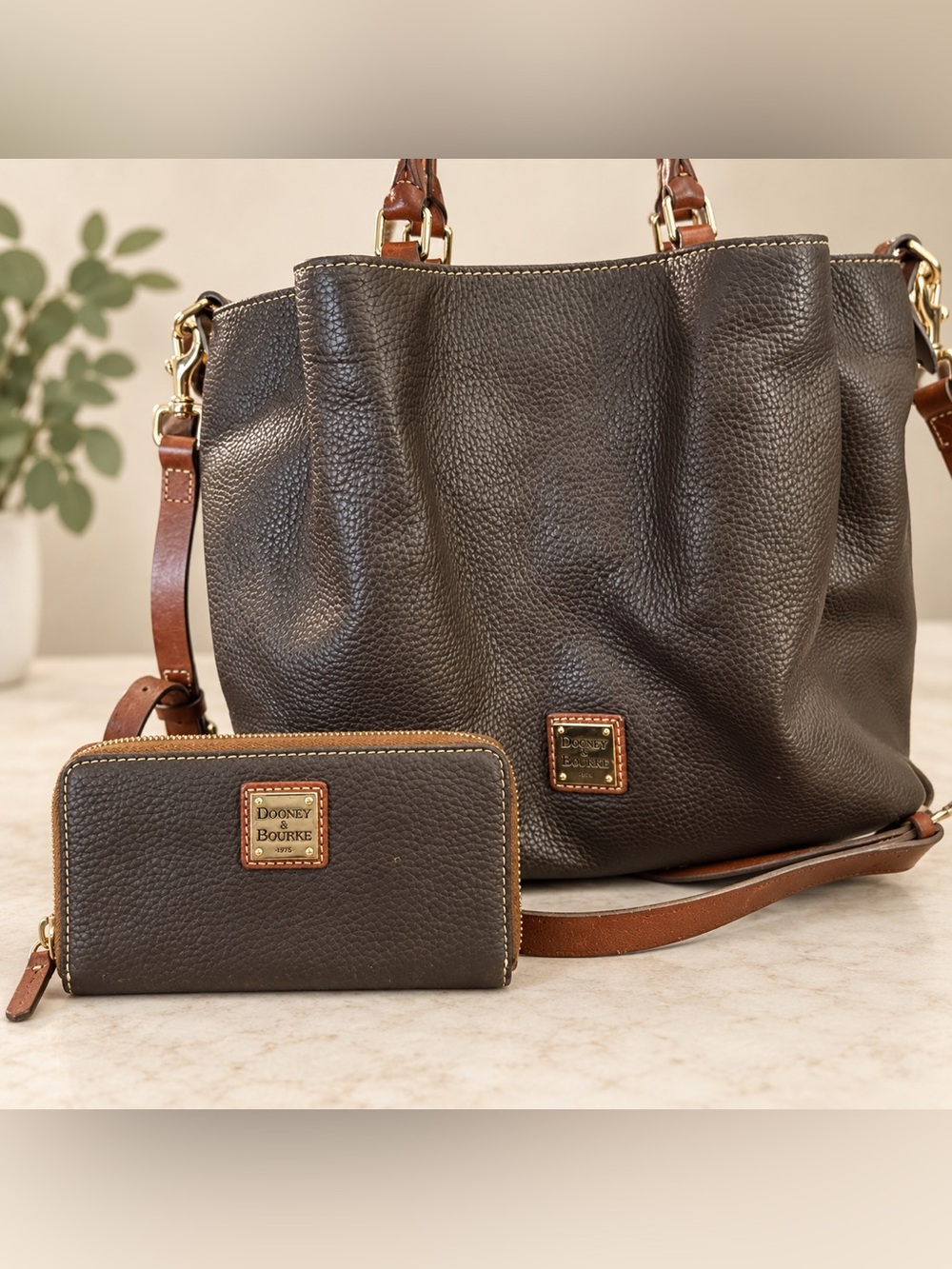 Dooney & Bourke Dark Brown Pebbled Leather Tote with Tan Handles
